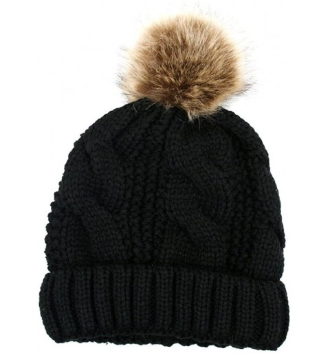 Skullies & Beanies Women's Thick Cable Knit Beanie Hat with Soft Fur Pom Pom - Black - CA126H24C2X $16.49