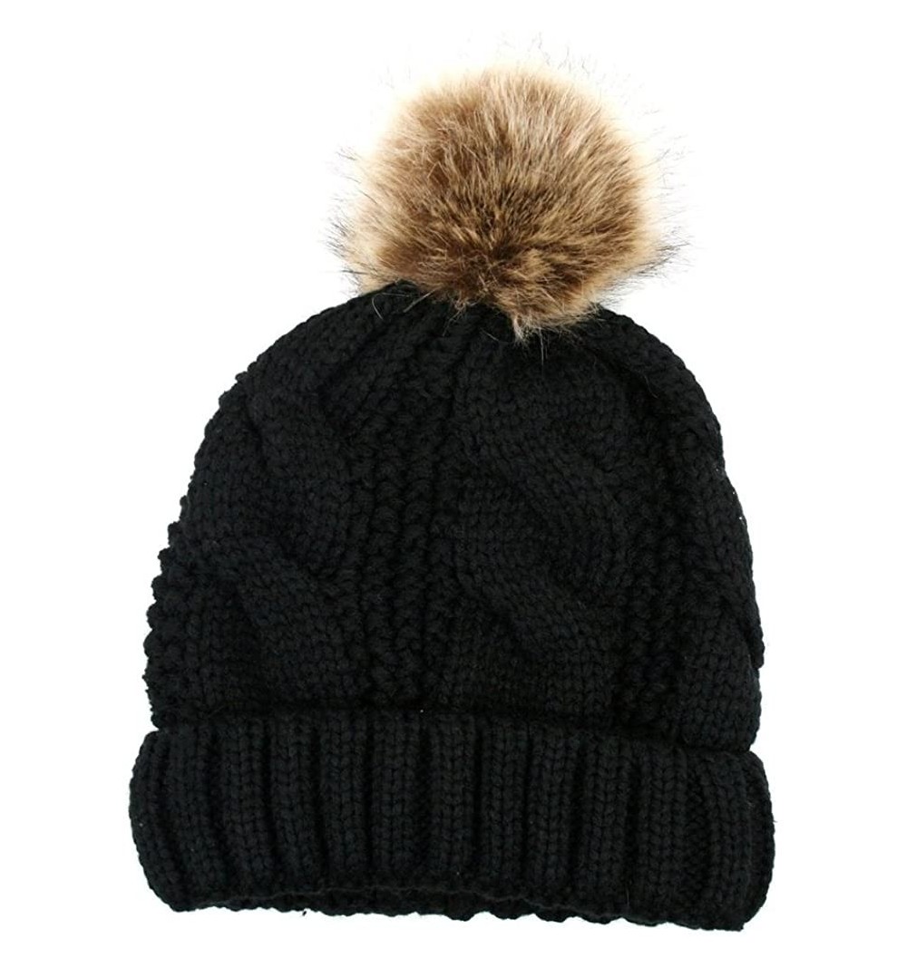 Skullies & Beanies Women's Thick Cable Knit Beanie Hat with Soft Fur Pom Pom - Black - CA126H24C2X $16.49