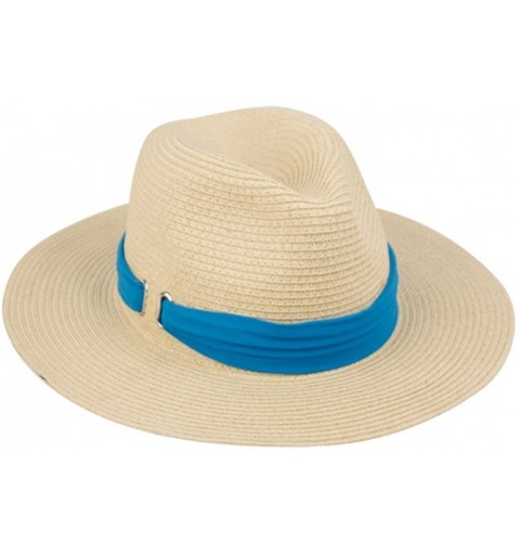 Fedoras Classic Braided Paper Straw Style Fedora with Unique Rippled Belt Band - Blue - CL12GFJDXOL $11.91