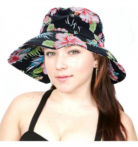 Sun Hats Floral Print Crushable Marina Wide Floppy Brim Bucket Sun Hat - Black Floral - CM11X74QGGF $11.43