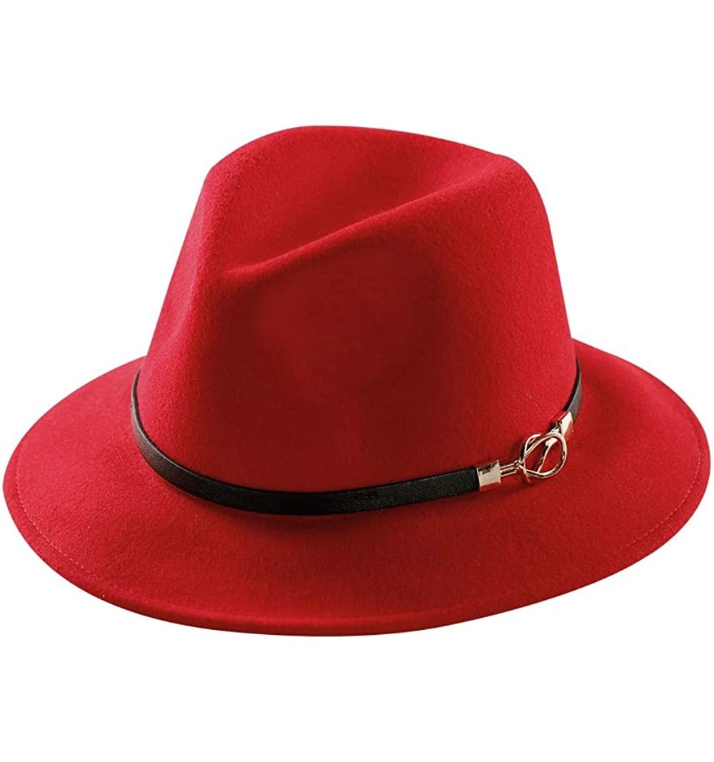 Fedoras Womens Fedora Hat 100% Wool Wide Brim Panama Felt Hats Winter Trilby Cap Church Party - A2-red - CQ18I9CU6A9 $25.39