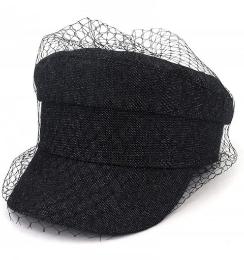 Newsboy Caps Women Newsboy Denim Hat Ladies Autumn Jean with Veil Cap Beret Hats - Black - CS18I05KW7N $15.42