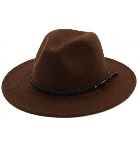 Fedoras Womens Classic Wide Brim Floppy Panama Hat Belt Buckle Wool Fedora Hat - Coffee - C918SI8TOCQ $10.12