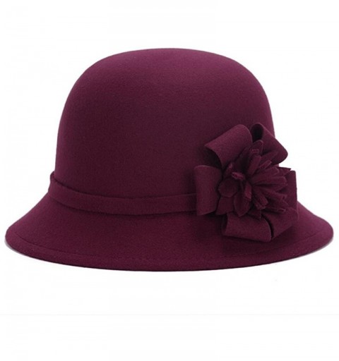 Bomber Hats Fahion Style Woolen Cloche Bucket Hat with Flower Accent Winter Hat for Women - Burgundy-b - CR1208QHEKV $25.90