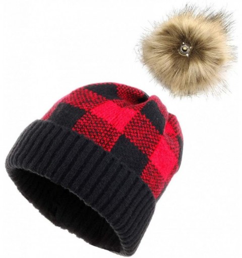 Skullies & Beanies Women Winter Knit Beanie Pom Pom Hat Warm Fur Hats Buffalo Plaid Skull Ski - Aa Plaid Black Red - CR18ZZ98...