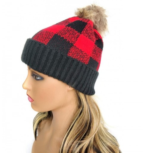 Skullies & Beanies Women Winter Knit Beanie Pom Pom Hat Warm Fur Hats Buffalo Plaid Skull Ski - Aa Plaid Black Red - CR18ZZ98...