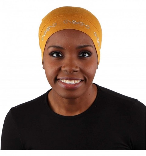 Skullies & Beanies Womens Soft Sleep Cap Comfy Cancer Hat with Rhinestone Swirly Chain Applique - Mustard - CH17Y00W6YH $17.14