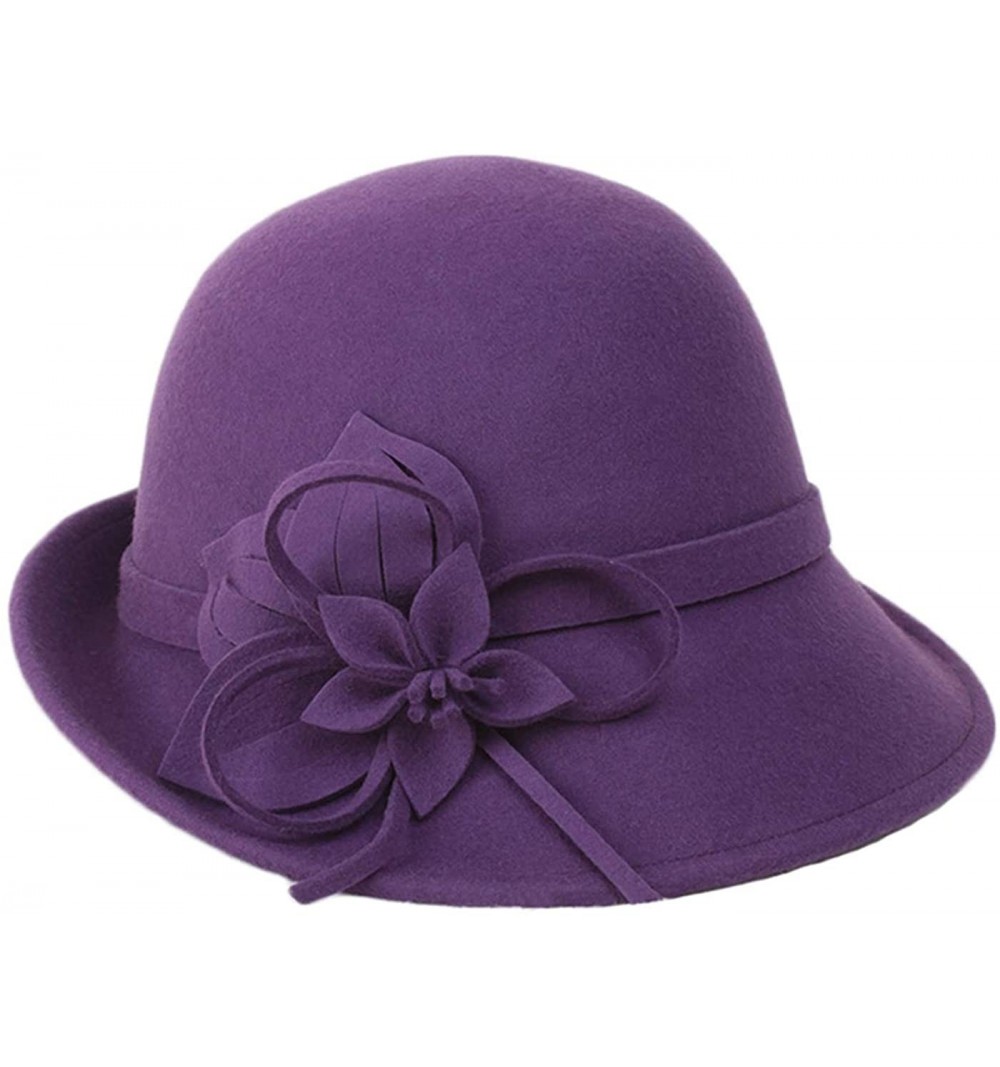 Bucket Hats 100% Wool Vintage Felt Cloche Bucket Bowler Hat Winter Women Church Hats - Flower Purple12 - C218K6QQYI4 $19.41