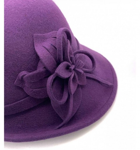 Bucket Hats 100% Wool Vintage Felt Cloche Bucket Bowler Hat Winter Women Church Hats - Flower Purple12 - C218K6QQYI4 $19.41