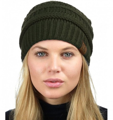 Skullies & Beanies Unisex Chunky Soft Stretch Cable Knit Warm Fuzzy Lined Skully Beanie - Dark Olive - CD187GE5R7E $13.38