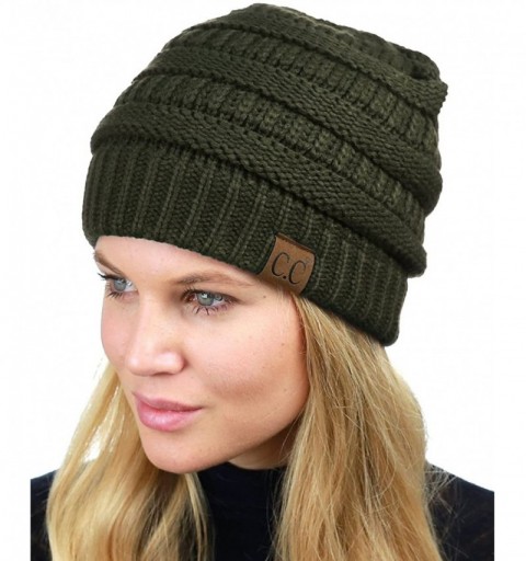 Skullies & Beanies Unisex Chunky Soft Stretch Cable Knit Warm Fuzzy Lined Skully Beanie - Dark Olive - CD187GE5R7E $13.38