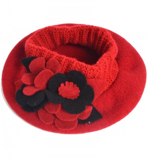 Berets Lady French Beret 100% Wool Beret Floral Dress Beanie Winter Hat - Floral-red - C412NYOMGJ1 $16.92