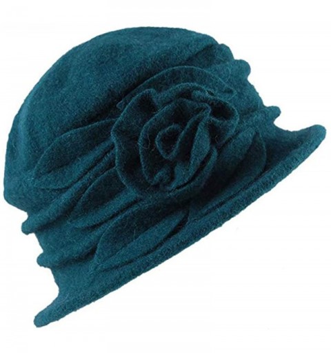 Fedoras Women's Floral Trimmed Wool Blend Cloche Winter Hat - Model a - Peacock Blue - CV188TM5GN3 $23.16