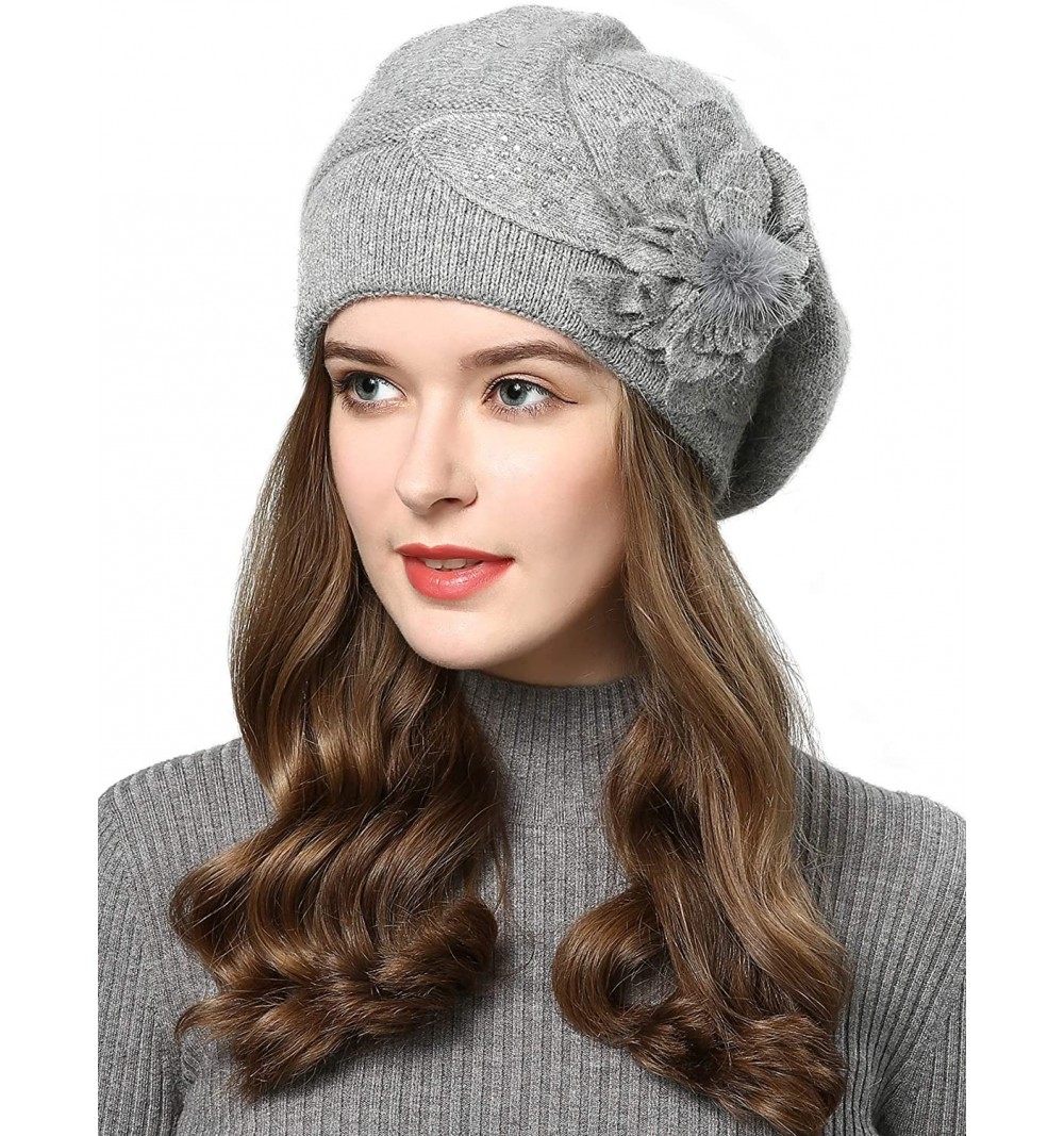 Berets French Style Beret Hat for Womens Rabbit Hair Knit Artist Hat Thick Lined Classic Warm Casual Hat - Grey - C01924LWC4H...