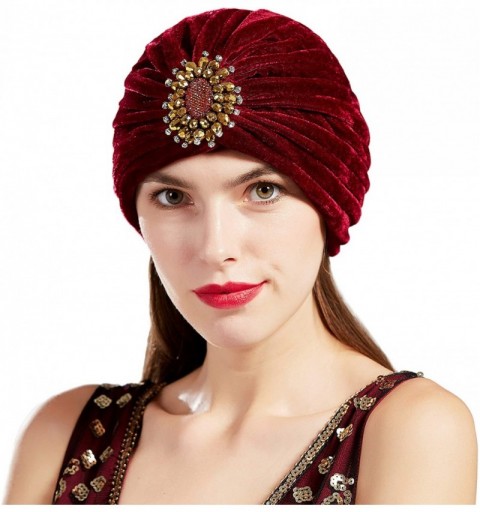 Skullies & Beanies Women's Ruffle Turban Hat Knit Turban Headwraps with Detachable Crystal Brooch for 1920s Gatsby Party - CW...