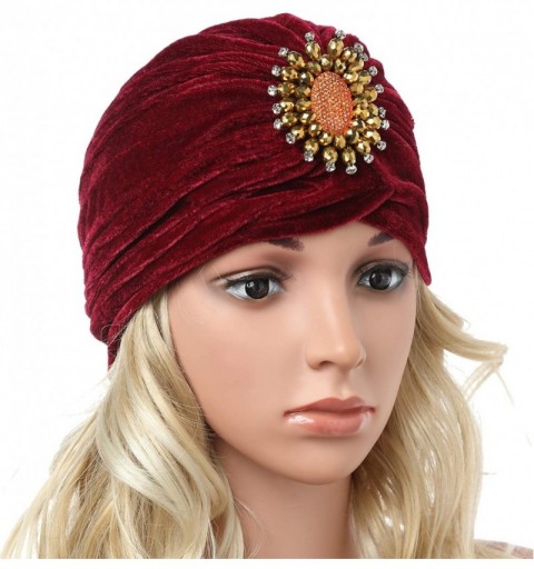 Skullies & Beanies Women's Ruffle Turban Hat Knit Turban Headwraps with Detachable Crystal Brooch for 1920s Gatsby Party - CW...