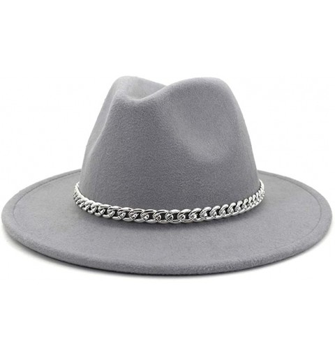 Fedoras Wide Brim Panama Fedoras Hat Felt Hat with Chain Belt for Men Women - Light Grey - CO193MR07MT $14.36