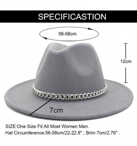Fedoras Wide Brim Panama Fedoras Hat Felt Hat with Chain Belt for Men Women - Light Grey - CO193MR07MT $14.36