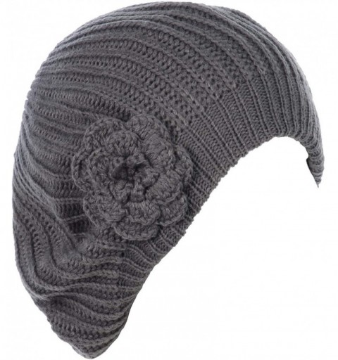 Berets Ladies Winter Solid Chic Slouchy Ribbed Crochet Knit Beret Beanie Hat W/WO Flower Adornment - Gray Flower - CA12MARKTM...