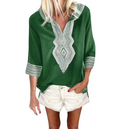 Rain Hats Women's Bohemian Shirts 3/4 Sleeve National Style Plus Size V Neck Loose Tops Blouses - Green - CR18RMIMZHG $10.63