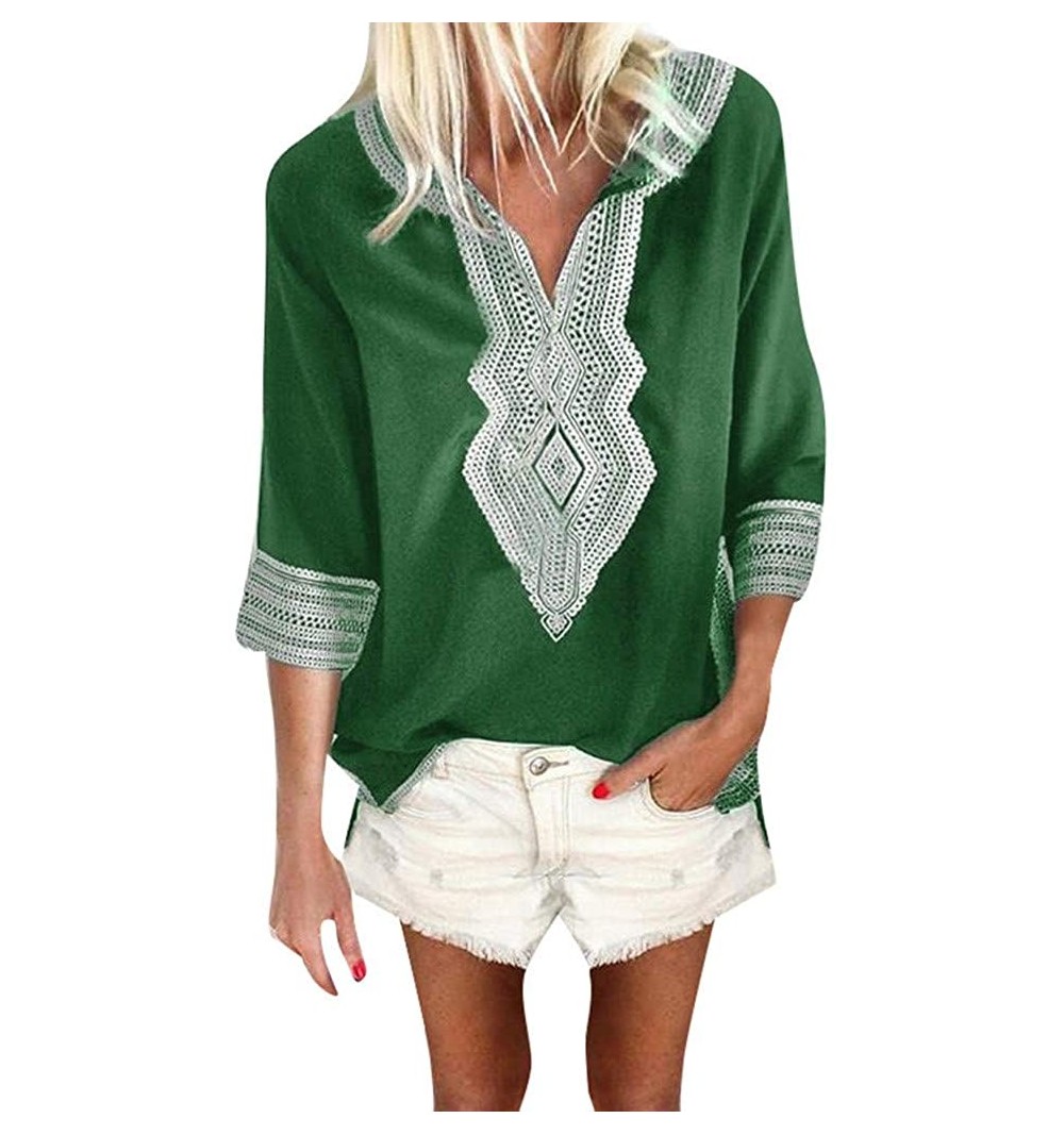 Rain Hats Women's Bohemian Shirts 3/4 Sleeve National Style Plus Size V Neck Loose Tops Blouses - Green - CR18RMIMZHG $10.63