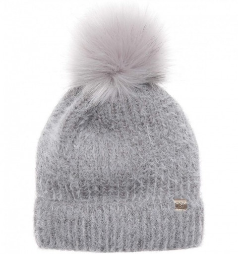 Skullies & Beanies Women's Winter Cozy Solid Color Fuzzy Knitted Beanie Hat with Faux Fur Pom Pom - Grey - C018AT5EYHY $9.84