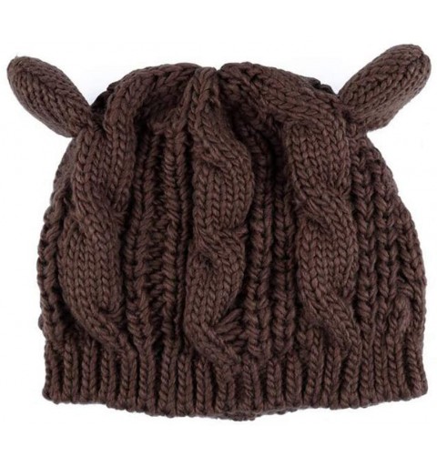 Berets Women Winter Wool Baggy Beret Beanie Cute Devil Cat Ear Crochet Braided Knit Hat Ski Cap - Coffee - C812L55UU7X $10.63