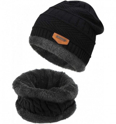 Skullies & Beanies Winter Beanie Hat Scarf Set Fleece Lining Knit Beanie for Men Women Kids - A - Black - CM187RCSELK $11.85