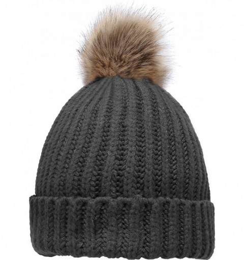 Skullies & Beanies Women's Winter Ribbed Knit Faux Fur Pompoms Chunky Lined Beanie Hats - Sprout Charcoal - CF184RQ02DK $11.19