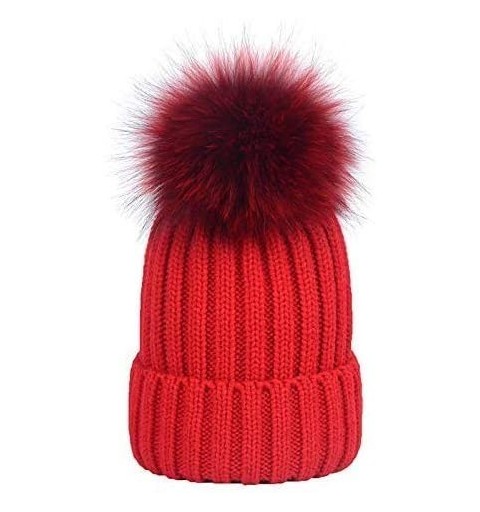 Skullies & Beanies 5" Real Raccoon Fur Pom Pom with Press Snap Button for Knitted Hat Beanie Hats (Wine red) - Wine Red - CR1...