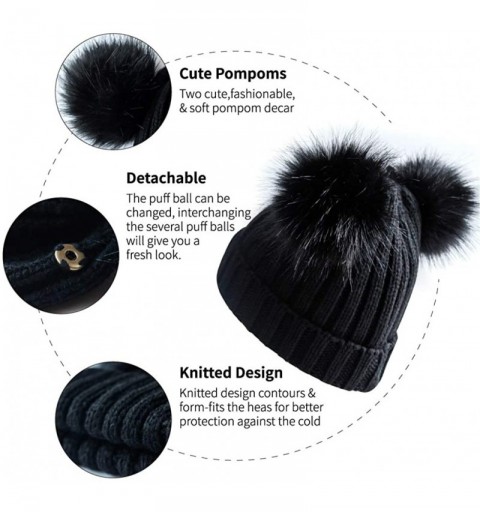 Skullies & Beanies Womens Double Pom Pom Winter Beanie Bobble Hat Knitted Faux Raccoon Fur Detachable Ball Cap Adult Skull Ha...