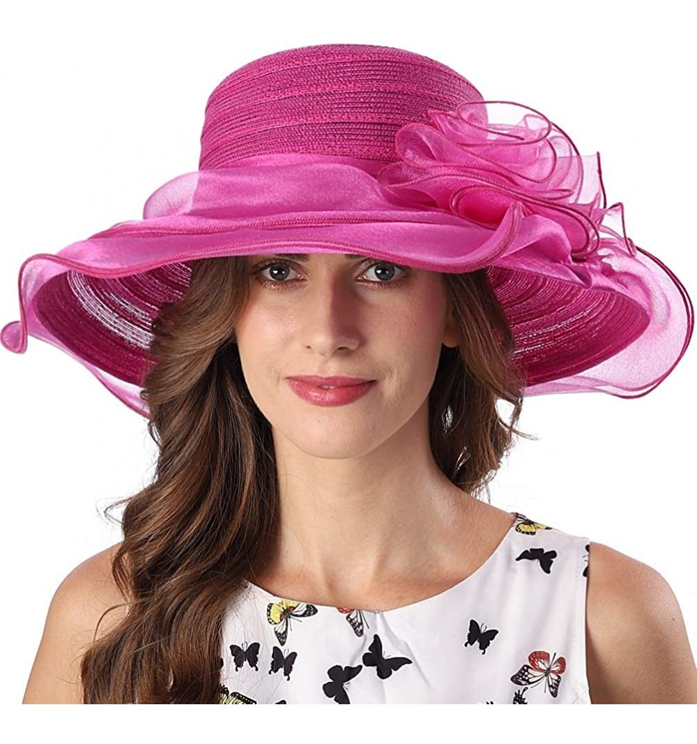 Sun Hats Kentucky Derby Hat Women Church Hat for Wedding Tea Party - Fuchsia Pink - CK18NQ2CZZT $17.10
