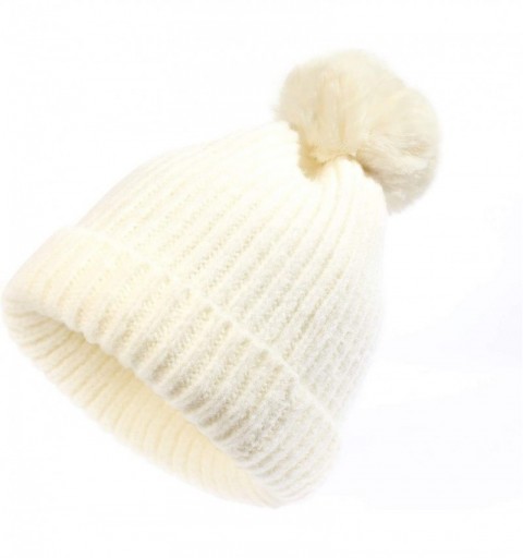 Skullies & Beanies Winter Beanie Knit Hat with Faux Fur Pom Pom Slouchy Soft Warm Stretch Cable Ski Cap for Women - C718XQD2Q...
