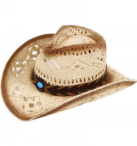 Cowboy Hats Men and Women Sun Hat Costume Straw Cowboy Hat with Decors - Beige_blue Bead - CJ18HN8IIWX $20.73