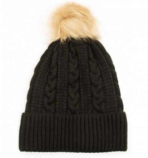 Skullies & Beanies Women Winter Faux Fur Pom Beanie Hat w/Warm Fleece Lined Thick Skull Ski Cap - Black/Brown Pom - CO18NWO0I...
