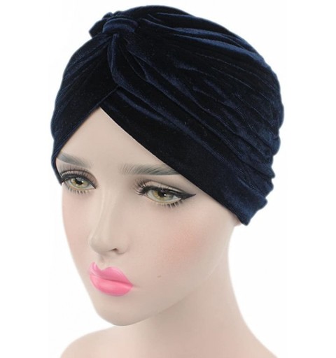 Skullies & Beanies Pleated Stretch Ruffle Women's Velvet Chemo Turban Hat Wrap Cover - Dark Blue - CW186ODQZCD $10.08
