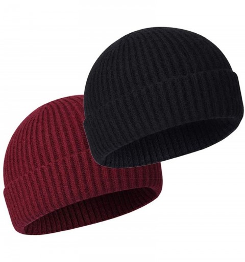 Skullies & Beanies Wool Winter Knit Cuff Short Fisherman Beanie Hats for Men Women - Black& Wine Red 2pack - C81943W77M8 $16.63