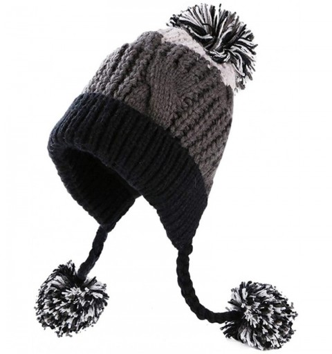 Skullies & Beanies Women Fleece Lined Winter Beanie Hat Ski Cap Ear Flaps Peruvian Dual Layered Pompoms - A01-ht016-grayblack...