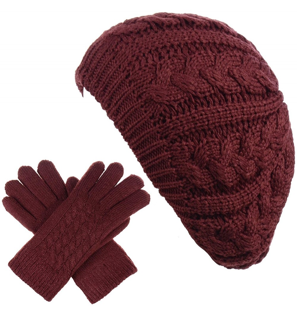 Berets Womens Winter Cozy Cable Fleece Lined Knit Beret Beanie Hat (Set Available) - Burgundy Cable Hat Gloves Set - CH18UUMQ...