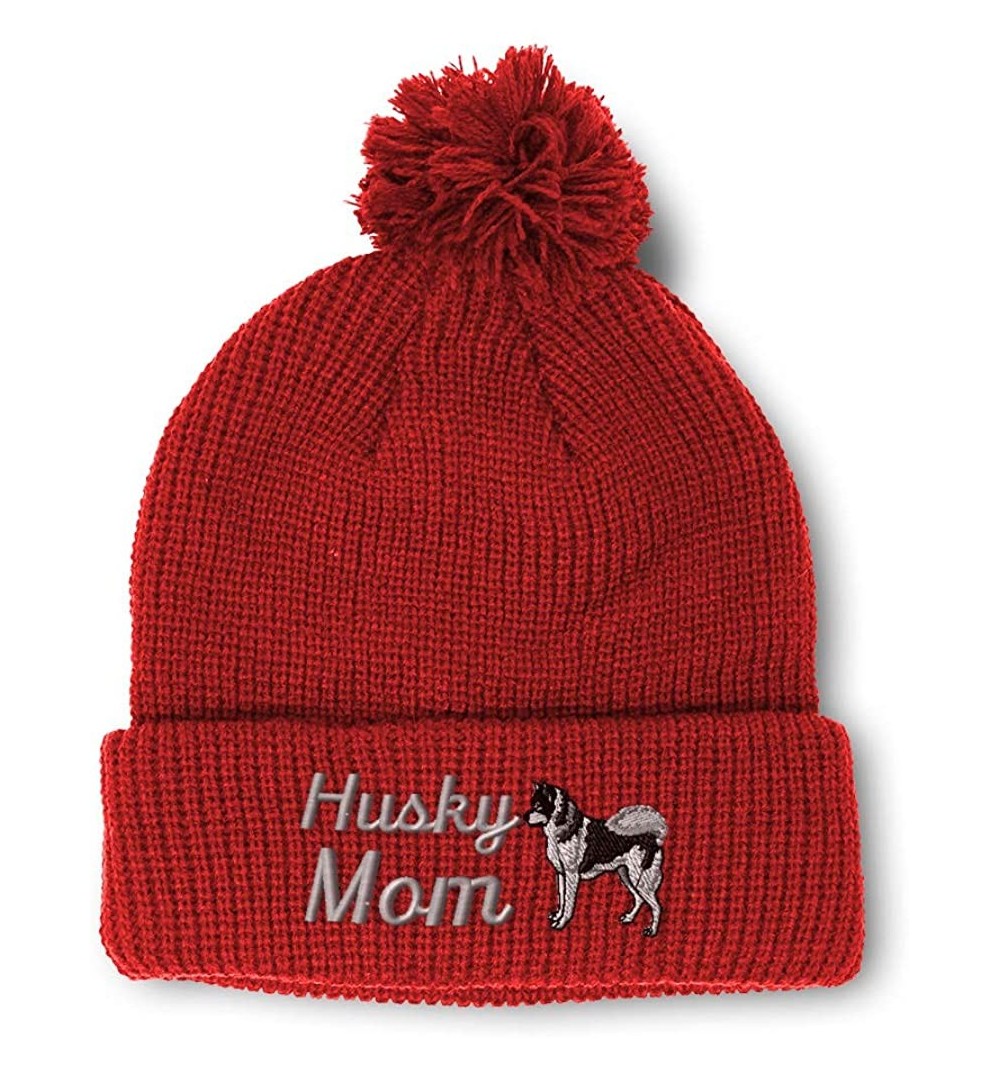 Skullies & Beanies Winter Pom Pom Beanie Men & Women Siberian Mom Husky Dog Pet Embroidery 1 Size - Red - C818A0D9TZL $16.50