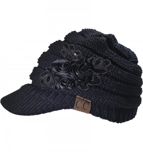 Skullies & Beanies Warm Cable Ribbed Knit Beanie Hat w/Visor Brim - Chunky Winter Skully Cap - Flower Black - C118A6TNT93 $12.02