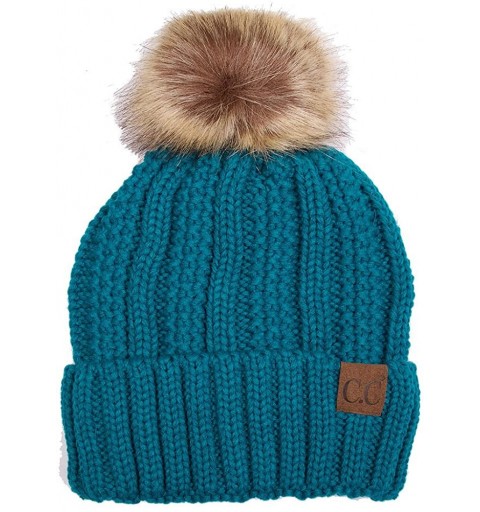 Skullies & Beanies Exclusive Knitted Hat with Fuzzy Lining with Pom Pom - Teal - CD12K7GMC7H $36.26