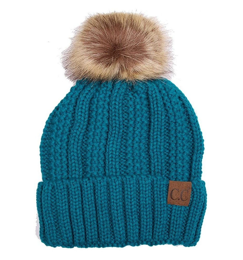 Skullies & Beanies Exclusive Knitted Hat with Fuzzy Lining with Pom Pom - Teal - CD12K7GMC7H $12.77