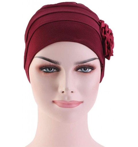 Skullies & Beanies Chemo Turban Flower Beanie Cap Pleated Hair Loss Hat for Cancer - Wine - CV18QH2IQ5I $10.29