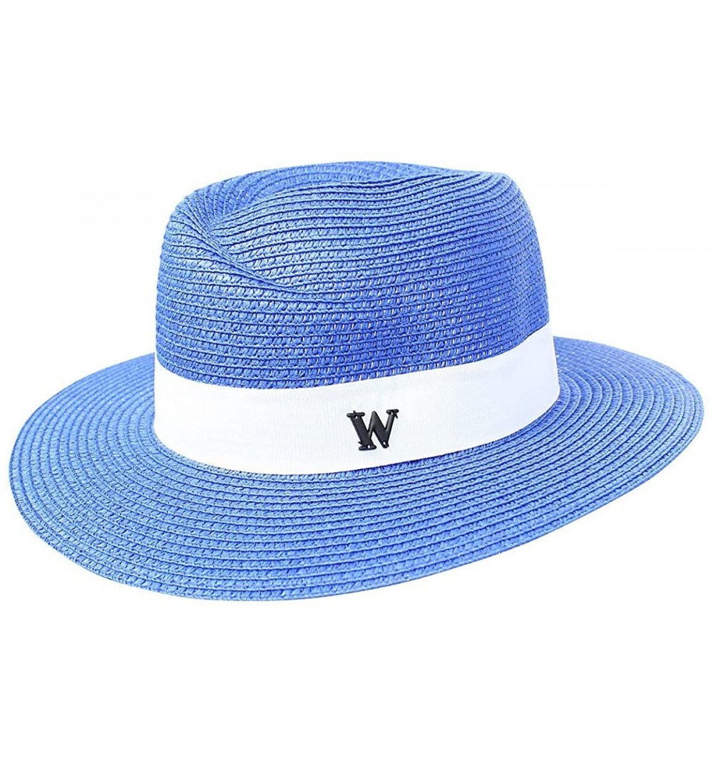 Skullies & Beanies Virginie Fedora Hat Designer Style Paper Straw Sun Hat - Blue - CI12HCPPRAT $11.89