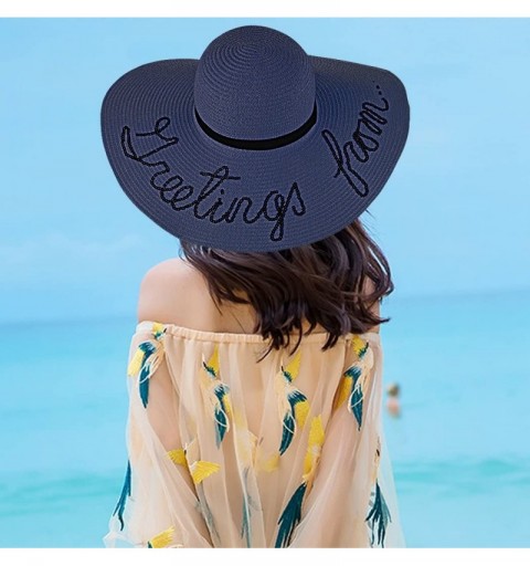 Sun Hats Beach Straw Hat Summer Beach Cap Wide Brim Embroidery Summer Straw Hat - Navy Blue - CC18DEEOAM8 $30.57