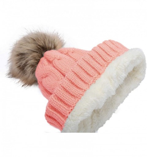 Skullies & Beanies Women's Winter Ribbed Knit Faux Fur Pompoms Chunky Lined Beanie Hats - Blooming Dahlia Orange Pink - CU18I...