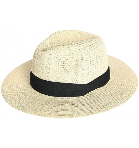 Sun Hats Women's Panama Sun Hats Summer Fedora Beach Sun Hat - Beige - C818TNTH5OY $17.61