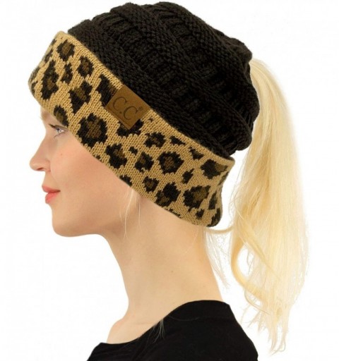 Skullies & Beanies Ponytail Messy Bun BeanieTail Soft Winter Knit Stretch Beanie Hat - Leopard Black - CT18AEKK4EI $18.02