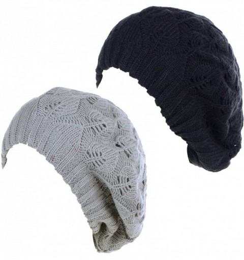 Berets Winter Chic Warm Double Layer Leafy Cutout Crochet Chunky Knit Slouchy Beret Beanie Hat Solid - C418WZ0OXWK $18.39